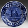A Staffordshire pottery pearlware dark blue transferware printed plate, floral border, Winter view of Pittsfield, Massachusetts. (Pittsfield Elm), James & Ralph Clews