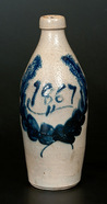 Stoneware flask with cobalt wreath and 1867 date, probably by F.B. Norton of Worcester, Massachusetts