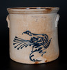 Stoneware crock with cobalt bird decoration, from White's Pottery of Utica, New York