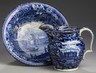 An Historical blue transferware Staffordshire pottery pearlware pitcher City Hall, New York, and Insane Assylum, James and Ralph Clews, 1821 to 1836, and Entrance of Erie Canal into the Hudson River washbowl or basin by Enoch Wood and Sons