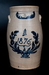 White's Pottery stoneware churn with cobalt flowering urn and 1876 date, from Utica, New York