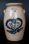 White's stoneware churn with cobalt heart and 1863 date decoration, from Utica, New York