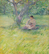 Theodore Robinson oil on canvas painting, Young Woman Reading in an Orchard Grove, Mid-Summer, unsigned