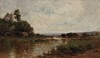 John Bunyan Bristol oil on artist board painting, River Landscape, signed