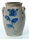 T. Reed stoneware crock with cobalt tulip decoration, from Tuscarawas County, Ohio