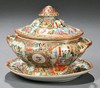 A Chinese Export porcelain Rose Medallion covered sauce tureen and undertray, figures in garden and floral panels, initialed F