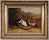 Mary Russell Smith oil on artist board painting, Three Chicks Drinking from an Old Canteen at Gettysburg, inscribed
