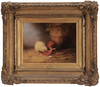 Mary Russell Smith oil on panel painting, Two Chickens Eating an Onion, 1866, signed