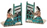 Zuni Silver and Turquoise Inlaid Bookends with a Navajo weaver wearing her concha belt, bracelet, tiered skirt, and orange shell velvet blouse