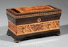 Antique English Rosewood and Tunbridge Inlaid Tea Caddy, 19th c., top with crenellated castle