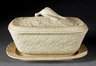 Antique English Drabware Game Pie Dish, Cover and Underplate, marked, cover decorated with game bird, basket weave relief