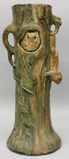 Weller Pottery, Woodcraft, Owl Vase with Squirrel, with owl looking out of tree hole and squirrel climbing down the side