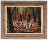 Arthur Sarnoff oil on Masonite, Hunters with Hounds Trekking Through Woods, signed