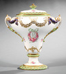 Royal Bonn Gilt and Polychrome Porcelain Covered Urn, c. 1890, impressed mark, decorated with floral garlands and raised gilt