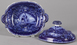 Historical blue Staffordshire pottery Peace and Plenty covered vegetable dish. Marked Clews