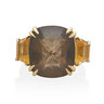 SEAMAN SCHEPPS SMOKY TOPAZ, CITRINE & YELLOW GOLD RING, central cushion cut smoky topaz, flanked by two trapezoidal cut citrines
