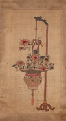 Chinese Kesi Panel, probably 19th c., woven in slit‑weave technique and couched metallic threads with a hanging basket of chrysanthemums, mounted as a hanging scroll