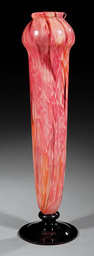 Schneider Art Glass Vase, c. 1920‑1930, elongated body with amber, oxblood and white spatter motif