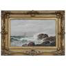 James Gale Tyler oil on canvas, Rocky Coast with Distant Yacht, signed