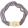 TRIO, CULTURED PEARL, YELLOW GOLD & DIAMOND TORSADE NECKLACE, designed with three strands of purple cultured freshwater pearls, central RBC diamond pave element