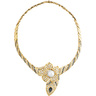 DIAMOND, SAPPHIRE & BAROQUE PEARL YELLOW GOLD FLOWER NECKLACE, dimensional flower head with baroque pearl center, RBC diamond pave petals, and pear cut sapphire set leaf, on graduated alternating links of RBC diamonds and sapphires