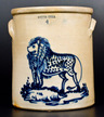 Exceptional Four-Gallon Stoneware Crock with Cobalt Decoration of a Standing Lion, Stamped