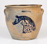 Extremely Rare One-Gallon Stoneware Cream Jar with Cobalt Horse Head Decoration, Stamped