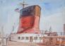 Reginald Marsh Watercolor Marine Painting, initialed 1937, SS Normandie in New York Harbor