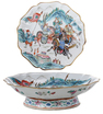 Chinese Famille Rose Bowl with Warriors, 19th century, scalloped edged bowl with round foot, gilt edge, interior of bowl with enameled scene of warriors on horseback