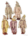 A lot of 5 Schoenhut painted and jointed wood circus clowns