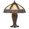 HANDEL Glass large table lamp with grape overlay shade, Meriden, CT, 1910's-20's. Patinated metal, slag glass, three sockets