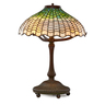 TIFFANY STUDIOS shell shade table lamp, New York, ca. 1900. Patinated bronze, leaded slag glass, three sockets
