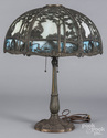 Slag glass table lamp, early 20th c., with fishing scene overlay