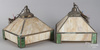 Two slag glass hanging lamps, early 20th c., caramel and green slag