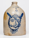 Two-Gallon Stoneware Jug with Cobalt Devil Face Decoration, Stamped