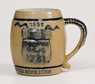 Unusual Molded Stoneware KANSAS CITY CHAPTER SONS OF THE REVOLUTION Mug, attributed to the Whites Pottery, Utica, NY, late 19th century, barrel-form mug