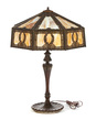 CARAMEL SLAG GLASS TABLE LAMP. American, 1st quarter-20th century. Sixteen slag panes, patinated white metal shade frame with open metalwork