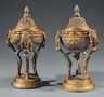 Pair of Continental Bronze Cassolettes, 20th c., foliate decoration, tripodal legs