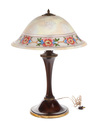 PAIRPOINT TABLE LAMP WITH REVERSE PAINTED SHADE. American, 1st quarter-20th century. Shade has stylized floral band and paint stippled interior