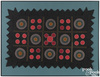 A felt penny rug, early 20th century, with circles on black squares and sawtooth border