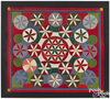A felt penny-style rug, early 20th century, with pinwheels within a red and blue border