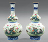 Pair of Chinese Famille Rose Decorated Blue and White Porcelain Double Gourd Vases, finely enameled with quail amid rocks and flowers