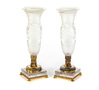 PAIR OF PAIRPOINT ETCHED VASES WITH BRASS FITTINGS. American. 1st quarter-20th century. Floral and checkered etching