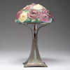 Pairpoint Glass Puffy Rose Table Lamp, American, late 19th-early 20th century, Arts and Crafts base with brass finish