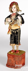 A Lambert musical mandolin player automaton with painted bisque head inscribed Depose Tete Jumeau