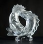 LALIQUE CRYSTAL GLASS DOUBLE FISH SCULPTURE. France, 20th century, two frosted fish on clear glass base
