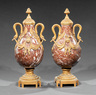 Pair of Napoleon III Bronze‑Mounted Rouge Marble Cassolettes, late 19th c., swan handles