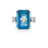BLUE TOPAZ & WHITE GOLD FLEUR-DE-LIS RING, cut-corner, step-faceted topaz, inset centrally with bright gold fleur-de-lis, between RBC diamond shoulders