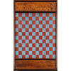 A bird's-eye maple checkers gameboard with gray and red squares under glass